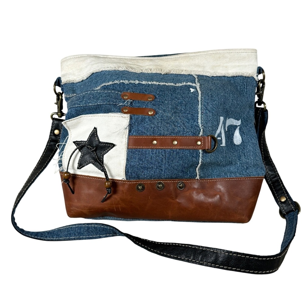 Myra Bag Denim Leather Patchwork Star‎ Crossbody Bag Blue Brown July 4th Rustic